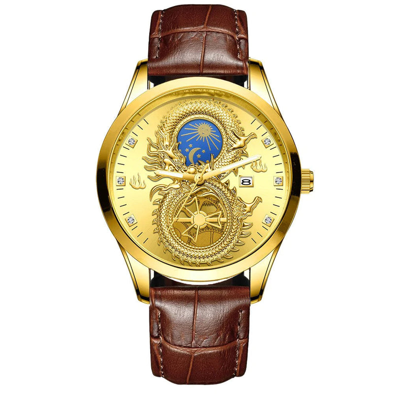 Relógio Masculino de Ouro - Dragon Gold Relógio - Relógio Dragon Gold 004 Importe Go Couro Dourado 