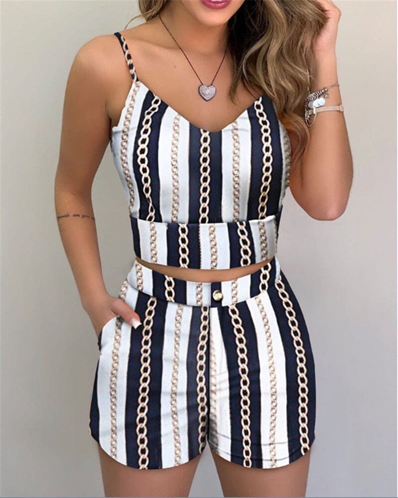 Summer Women Fashion 2-piece Outfit Set Sleeveless Print Top and Shorts Set for Ladies Women Party wear 0 Importe Go 
